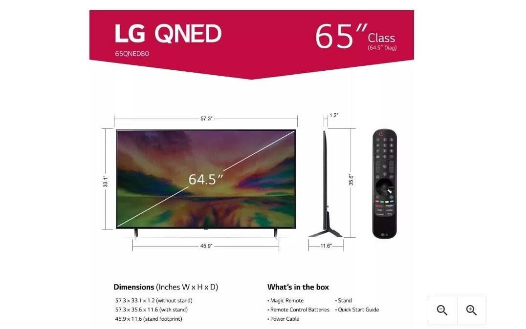 ابعاد تلویزیون 65 اینچ ال جی 65QNED80