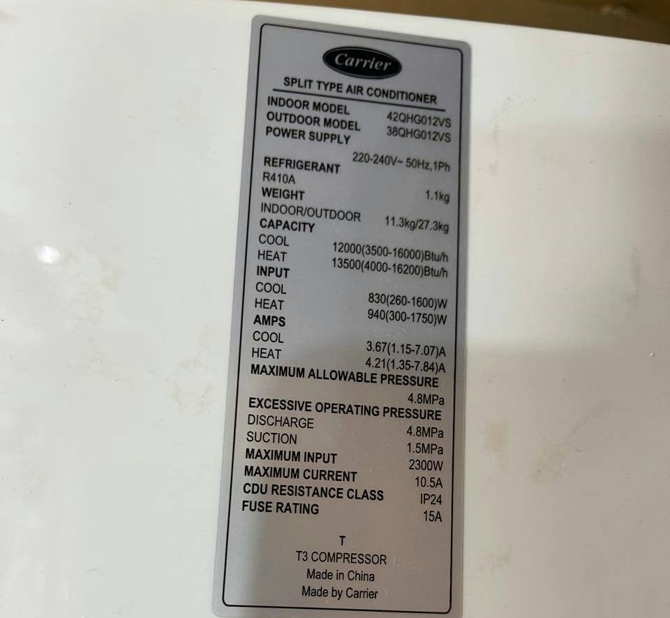 مشخصات فنی کولر گازی کریر 12000 اینورتر ساخت آمریکا