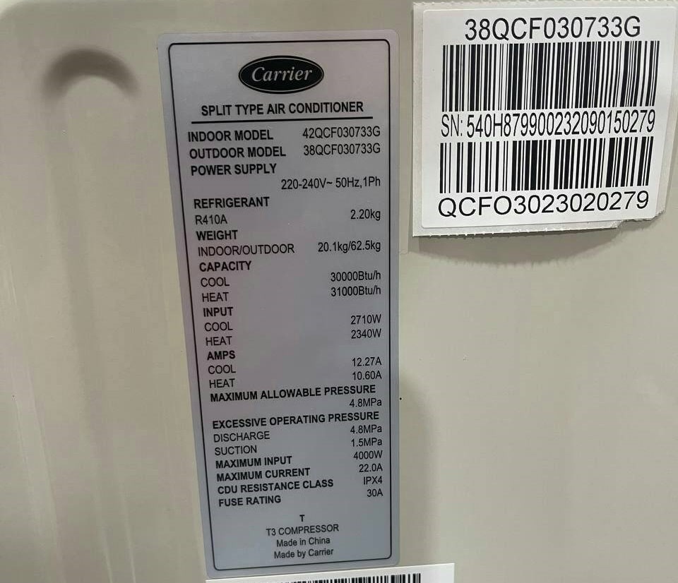 مشخصات فنی کولر گازی کریر 30000 مدل QCF